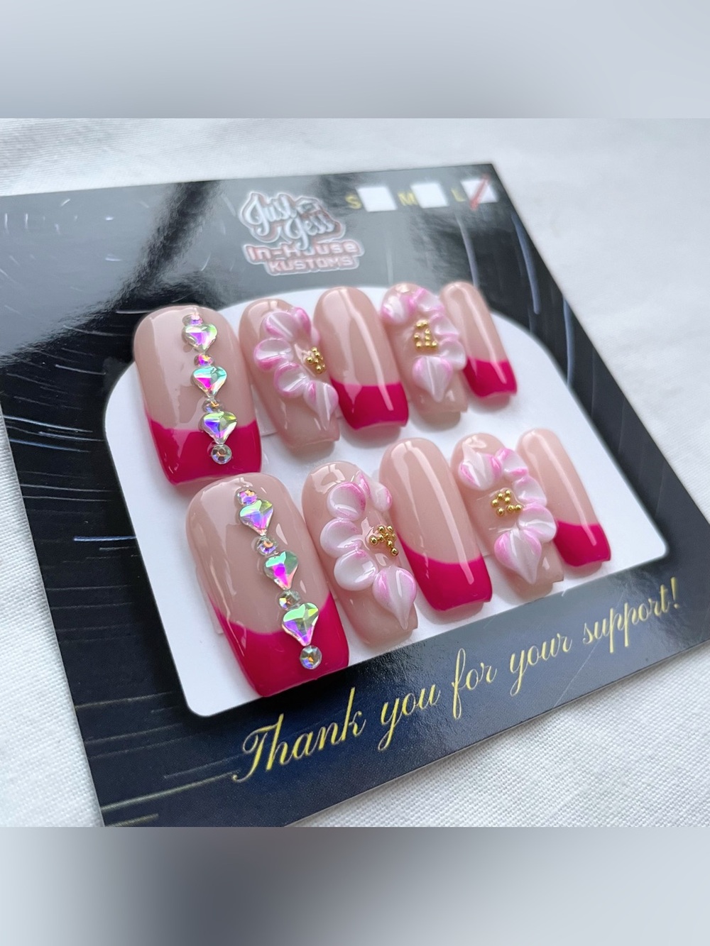 NEW Handmade Hot Pink French Tip 3D Flower Press-On Nails | Rhinestone | Large